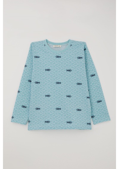 Breeze Erkek Çocuk Pijama Takımı Deniz Temalı Köpekbalığı Desenli 4-8 Yaş , Turkuaz