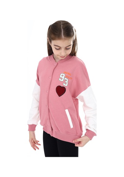 Toontoy Kız Çocuk Kolej Yaka Çıtçıt Kapama Cepli Düşük Omuz Baskılı Renk Bloklu Örme Hırka - 2 İplik Şardonlu Gül Kurusu