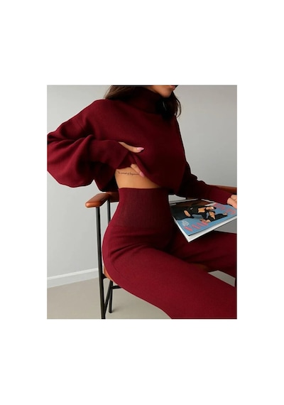 De Pose Bordo Parmak Geçmeli Crop Yüksek Bel Triko Takım Bordo
