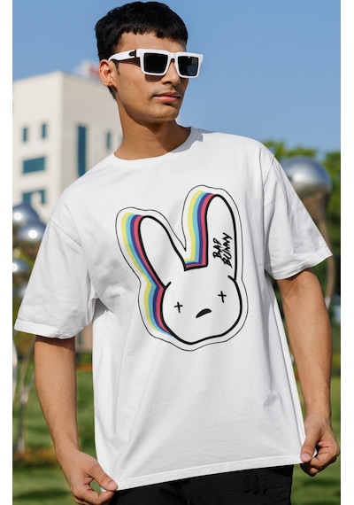 Sevbano Bad Bunny Rapper Şarkıcı Baskılı Unisex Oversize Tişört Beyaz