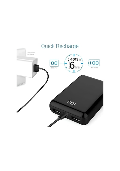 10000 Mah Taşınabilir Powerbank, Çift Usb Çıkışlı 2.1a Hızlı Şarj , Led Dijital Ekranlı, Ultra İnce Ve Hafif 180 G, Telefon Ve Tablet Uyumlu Siyah