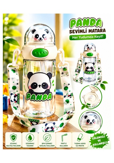 Panda 500 Ml Taşıma Askılı Matara Pipetli, Karakter Figürlü, Sızdırmaz Çocuk Su Matarası Beyaz
