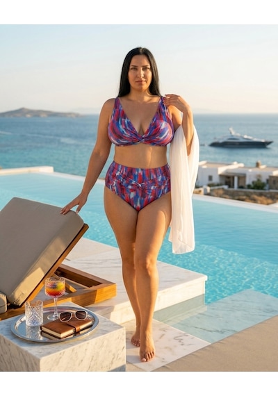Büyük Beden Üçgen Sabit Pedli Desenli Toparlayıcı Yüksek Bel Kadın Bikini Takım Saks
