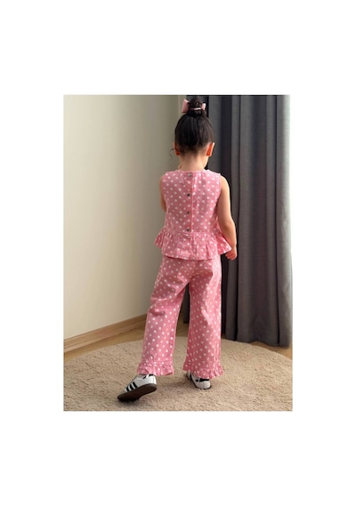 Minik Düşler Kız Çocuk Puantiyeli Kolsuz Bluz Pantolon Takım Pembe Yazlık 2'li Takım Pembe
