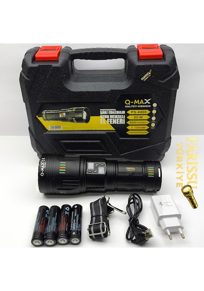 Q-max Ps-4400 Şarj Edilebilir Uzun Menzilli Profesyonel El Feneri 80w 8000 Lümen Powerbank Özellikli Siyah