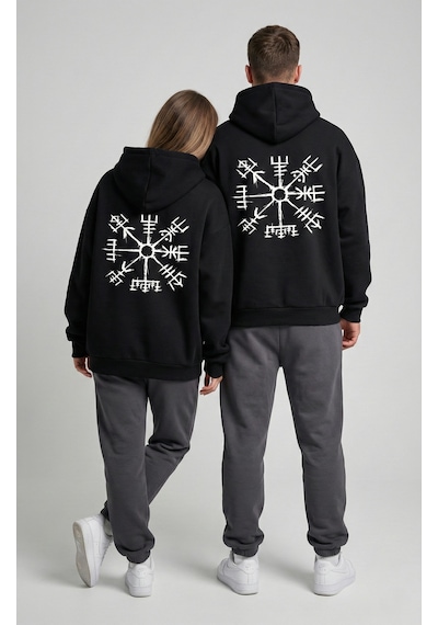 Nevermind Unisex Vegvisir Pusula Baskılı Sevgili Kombini Oversize Hoodie Seti Siyah