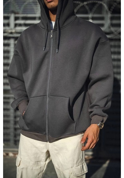 Erkek Tam Fermuarlı Cepli Kapüşonlu 3 İplik Pamuklu Hoodie Sweatshirt - Füme