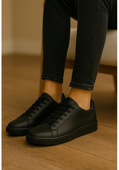 Erkek Siyah Tabanlı Bağcıklı Sneaker Spor Ayakkabı-637 Siyah
