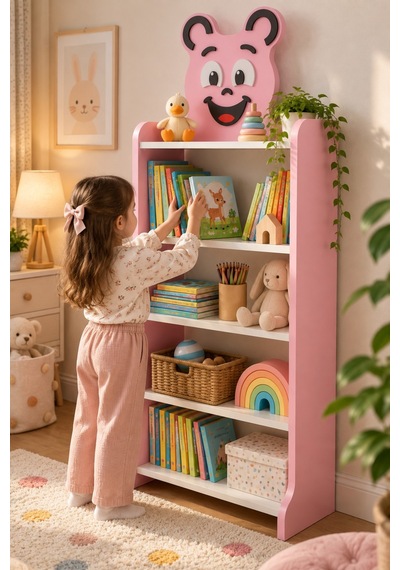 Sulorahome Happy Face Figürlü Pembe Çocuk Kitaplığı Ve Oyuncak Düzenleyici