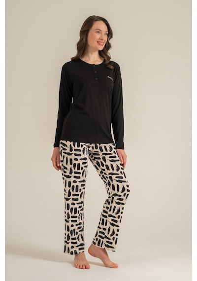 Pierre Cardin Kadın Siyah Nakışlı Uzun Kol Pijama Takım Pc9300-s-v1 Pc9300-s-v1