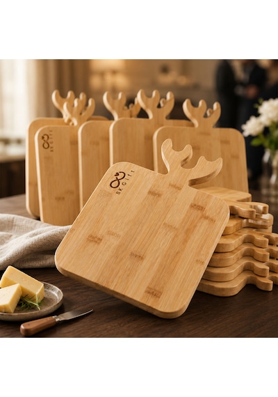 Logonuza Özel 10 Adet Geyik Dekorlu Bambu Kesim Panosu 37x20 Cm Kurumsal Sunum Tahtası Ahşap