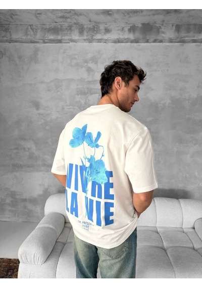 Erkek Ön Ve Arka Baskılı T-shirt Kısa Kol Bisiklet Yaka Regular Fit Tişört - Beyaz