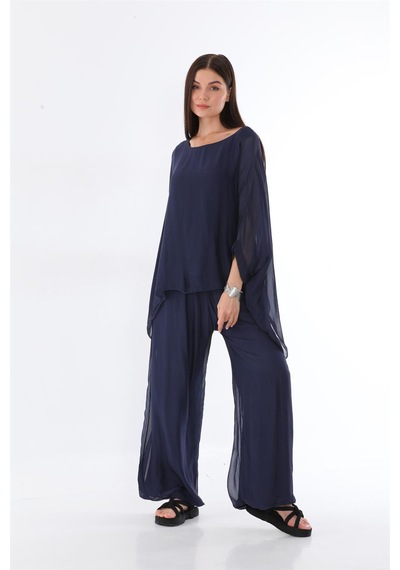 Bohem Stil İtalyan Yarasa Kol İpek Bluz & Pantolon Takım-8767 Lacivert