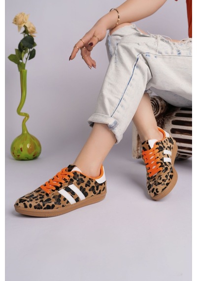 Muggo Taupe Çift Bağcıklı Günlük Kadın Sneaker Spor Ayakkabı Leopar