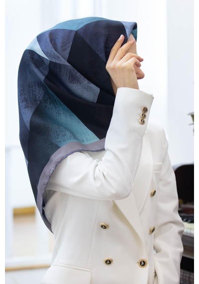 Vissona %100 Twill İpek Geometrik Desenli Cam Göbeği - Gri Renkli 90x90 Eşarp Dikim Şekli : El Dikişi Çok Renkli