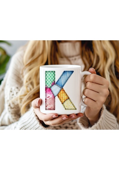 K Harfi Renkli Yamalı Tasarım Kupa Bardak - Bohem Patchwork Desenli Kupa - Etnik Hediyelik Beyaz