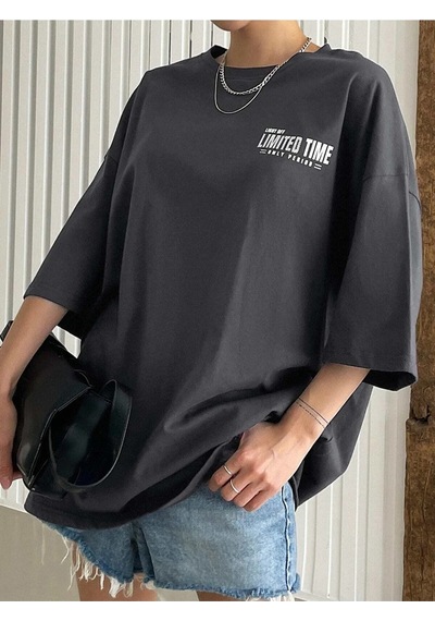 Flood Of Style Kadın Füme Oversize Limited Time Baskılı Tshirt Gri