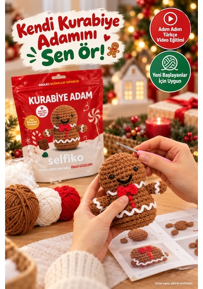 Selfıko Kurabiye Adam Örgü Öğrenme Seti Yılbaşı Yeni Yıl Amigurumi Başlangıç Hobi Kiti Çok Renkli
