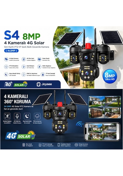 Joysee S4 12mp 4 Kameralı 4g Solar Sim Kartlı Ptz Ip Sesli Akıllı Güvenlik Kamera + 12gb Sım Kart He
