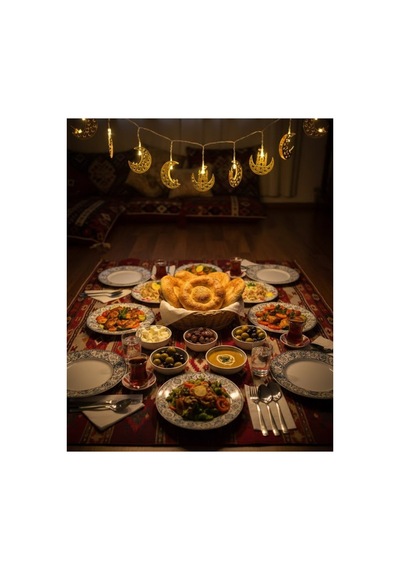 Minareli Hilal Led Işık Gold Metal Gövdeli Pilli Ramazan Dekoru Renkli Renkli