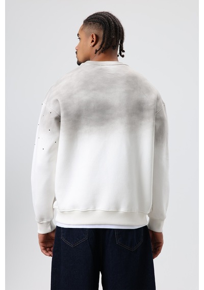 Vamos Yıkamalı Taş Detaylı Oversize Sweatshirt Ekru