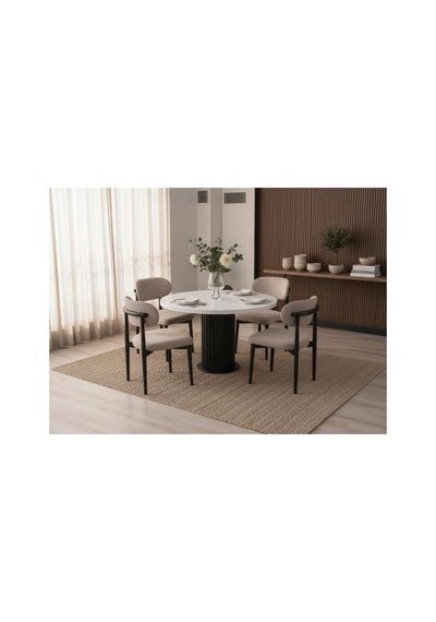 Lina Bohem 90x90 Beyaz/siyah Yuvarlak Masa & 4 Polo Sandalye Seti Krem Krem