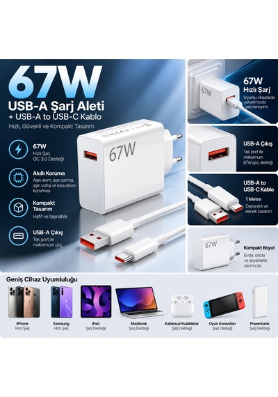 67w Usb-a Hızlı Şarj Adaptörü + Type-c Kablo 1 Metre Telefon Tablet Uyumlu Hızlı Şarj Seti