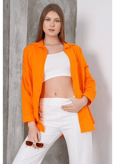 Paw Garage Kadın London Keten Tek Cepli Oversize Gömlek, Premium Kalite Keten Gömlek Turuncu