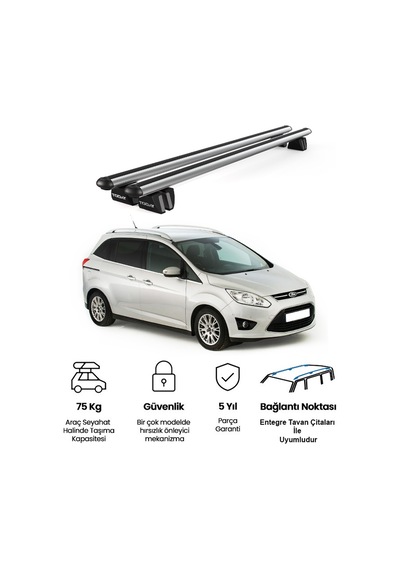 Pençe Ford Grand C-max Ara Atkı 2010-2019 Uyumlu Gri Ara Atkı Port Bagaj Tavan Barı