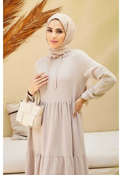 Neways 6531-Krep Kapüşonlu Reglan Kollu Elbise Taş