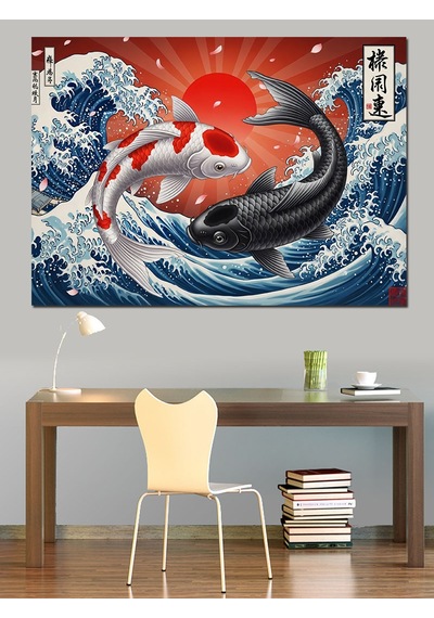 Ahşap Tablo Dalgalar Arasında Kırmızı Japon Balığı Çocuk Odası Tabloları