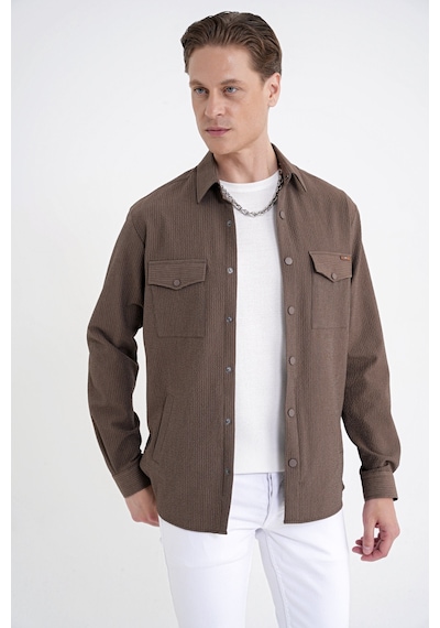 Comfort Fit Yan Cepli Esnek İnce Çizgili Camel Gömlek Ceket G 1608