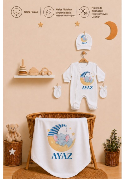 Pia Baby İsme Özel Erkek Bebek 4 Parça Tulum Seti %100 Pamuk Organik Baskılı Battaniyeli 2019bt0x Krem