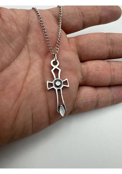 İşlemeli Detaylı Haç Figürlü Unisex Kolye 60 Cm Zincirli, Antik & Gotik Tasarım Takı Çelik
