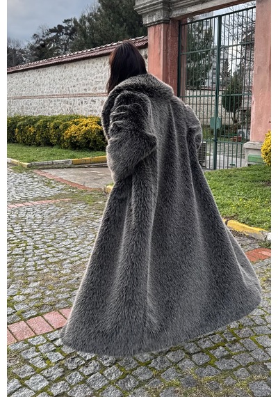 Açelyaokcu Premium Şal Yaka Mob Wife Suni Kürk Maxi Kadın Kaban Antrasit