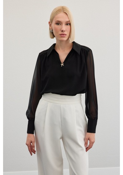 Sateen Aksesuarlı Salaş Bluz - Siyah-136471 Siyah