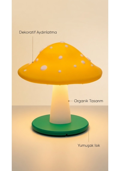 Dekoratif Mantar Gece Lambası - 3d Tasarım Estetik Oda Dekoru - Hediyelik Masa Lambası Mood Light Sarı