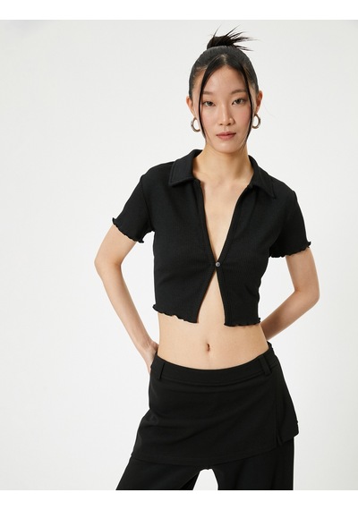 Koton Crop Polo Tişört Kısa Kollu Slim Fit Siyah 4sal10802ık Siyah