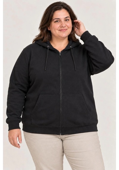 Moda Kadın Battal Büyük Beden Üç İplik İçi Şardonlu Kapüşonlu Tam Fermuarlı Kışlık Sweatshirt - Siyah Çok Renkli