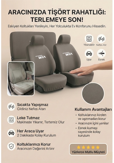 Hyundai İ40 İle Uyumlu Oto Koltuk Kılıfı Servis Tipi Günlük Koruma Gri