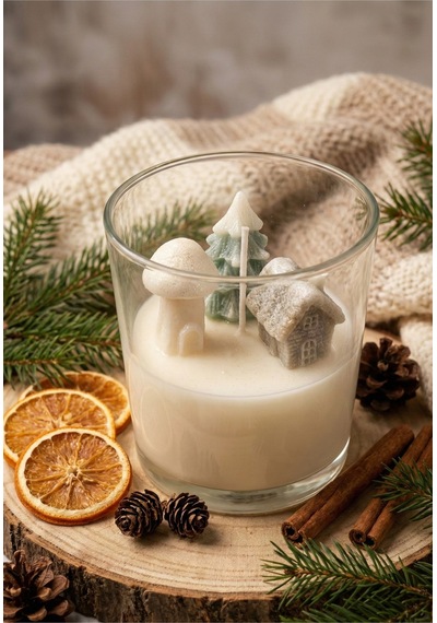 1 Adet Çam Ağacı Ve Ev Şekilli Bardak Soya Mum Beyaz