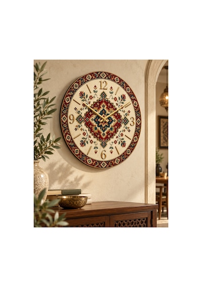 Osmanlı Motifli Etnik Desenli Ahşap 45 Cm Sessiz Akar Mekanizmalı Uv Baskılı Dekoratif Duvar Saati Hediyelik 1002 Çok Renkli
