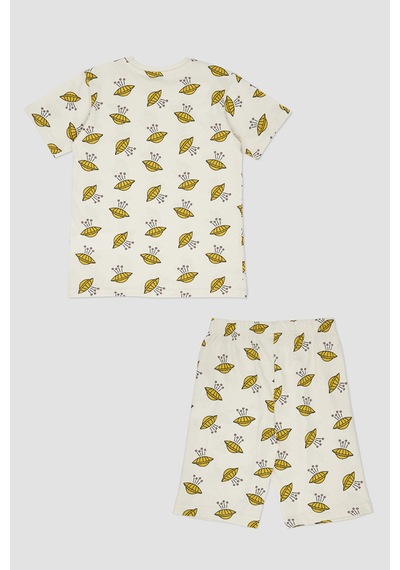 Panço Erkek Çocuk Desenli Şortlu Bej Pijama Takımı Krem