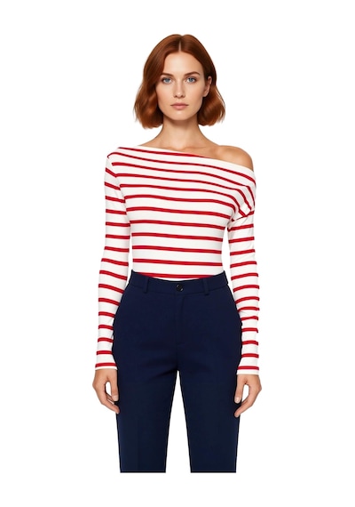 Ersefa Moda Kayık Yaka Örme Slim Çizgili Desen Casual Günlük Regular Uzu Kırmızı