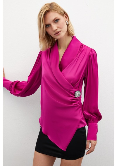 Sateen Broşlu Kruvaze Bluz - Fuşya