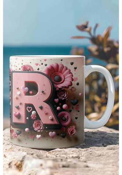Renkli Çiçekli R Harfi Baskılı 3d Görünümlü Tasarım Mug Kupa Bardak Bakır