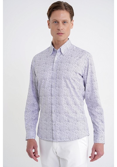 Slim Fit Pamuklu Baskılı Desen Yaka Düğmeli Gri Gömlek G 1603