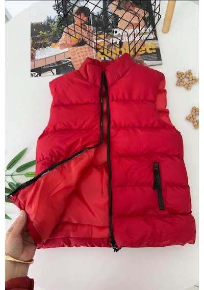 Minigimin Cicileri Dik Yaka Fermuarlı Unisex Şişme Çocuk Yelek 7-10 Yaş - Kırmızı