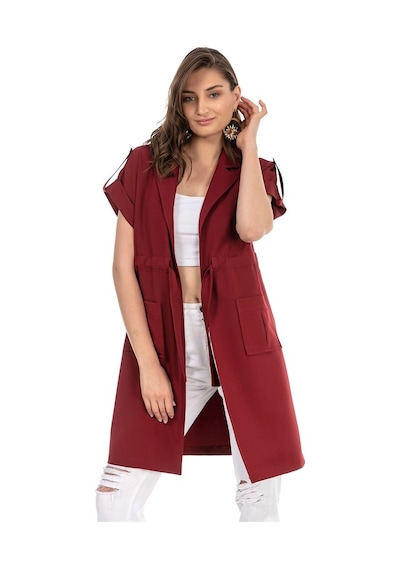 Mono Yaka Beli Tünelli Cepli Apoletli Kısa Kollu Bordo Yelek