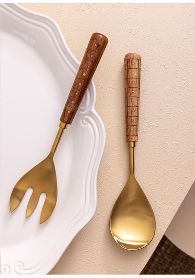The Mia Wood Salata Servis Takımı 2 Parça Gold